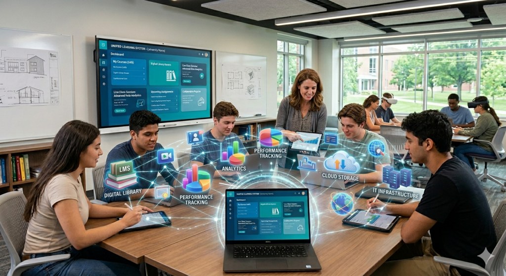 Students and teacher using a unified learning system with holographic labels