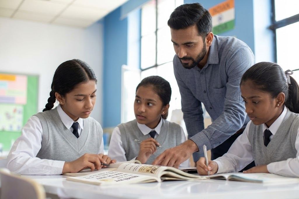 Teacher guiding school students over their books